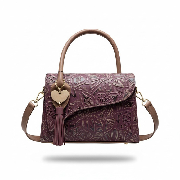 Red Wine Gold Sunflower Embossed Tooled Artisan LEATHER Crossbody bag Purse - Picture 3 of 15